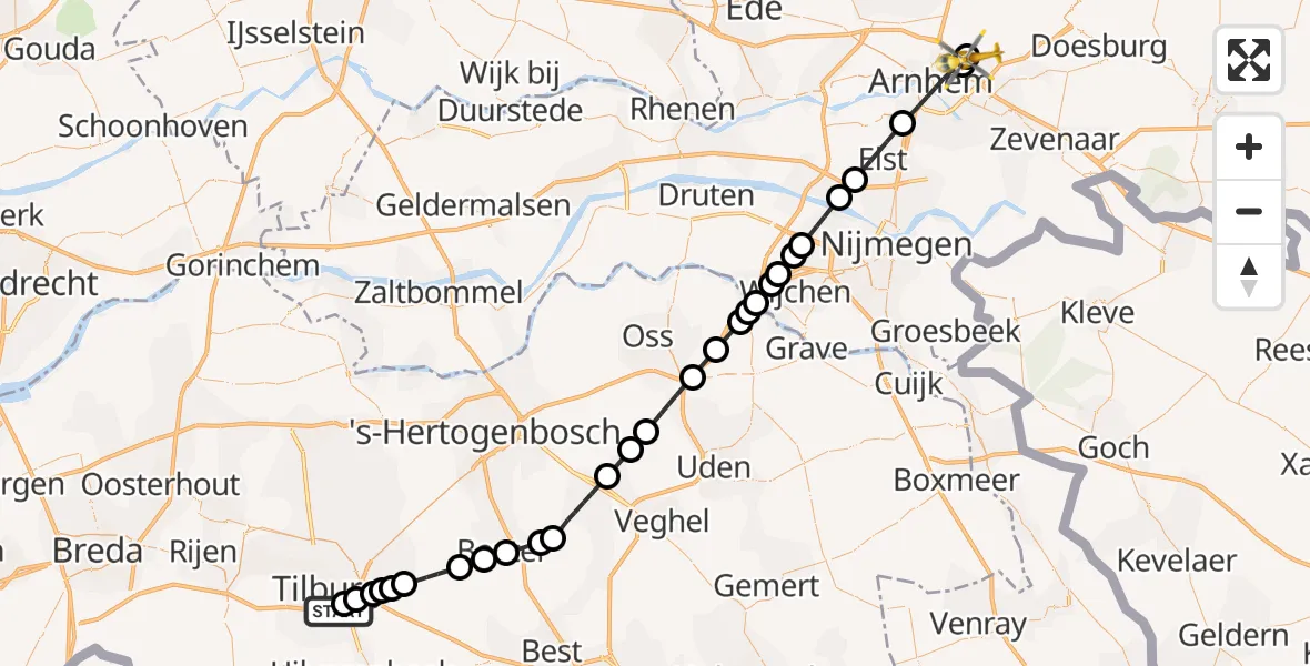 Vluchtroute Traumahelikopter van St. Elisabeth Hospital Heliport naar Rozendaal