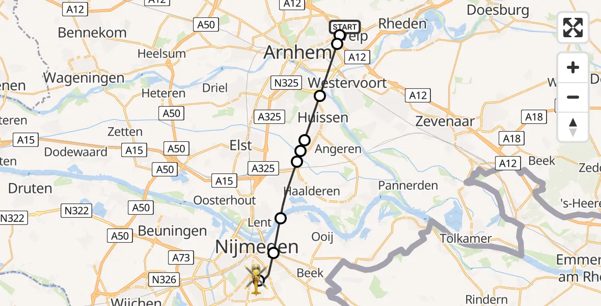 Vluchtroute Traumahelikopter van Rozendaal naar Radboud University Medical Center Heliport