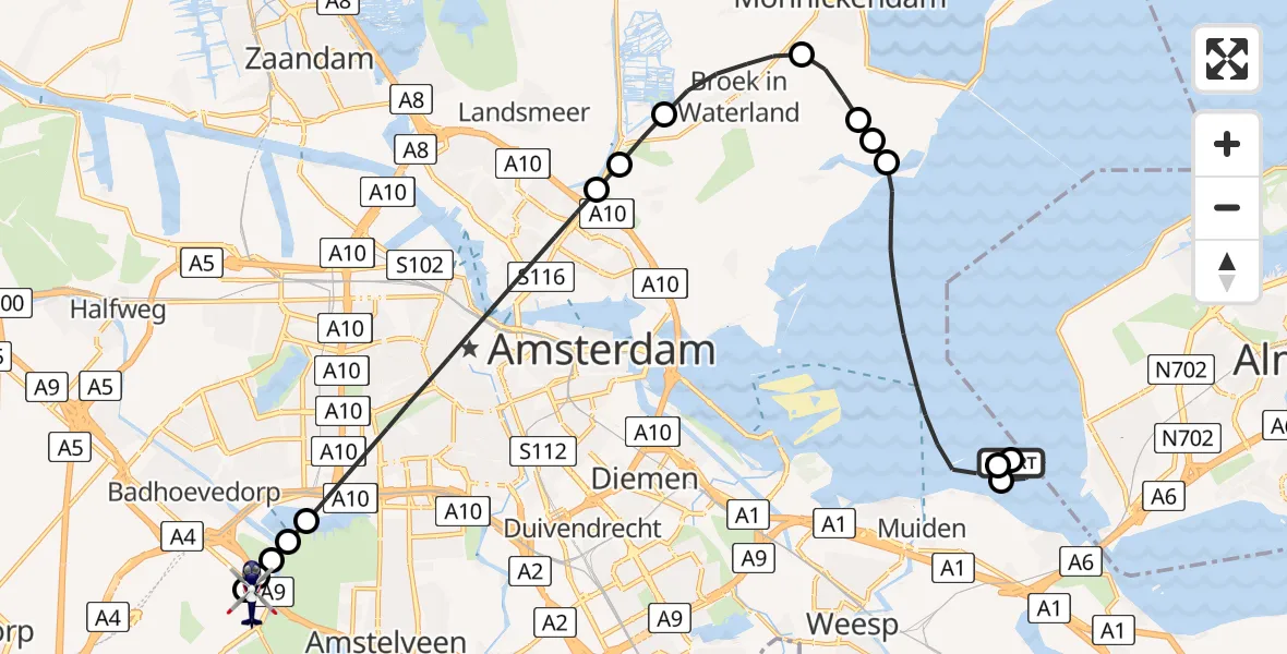 Vluchtroute Politiehelikopter van Muiden naar Amsterdam Vliegveld Schiphol