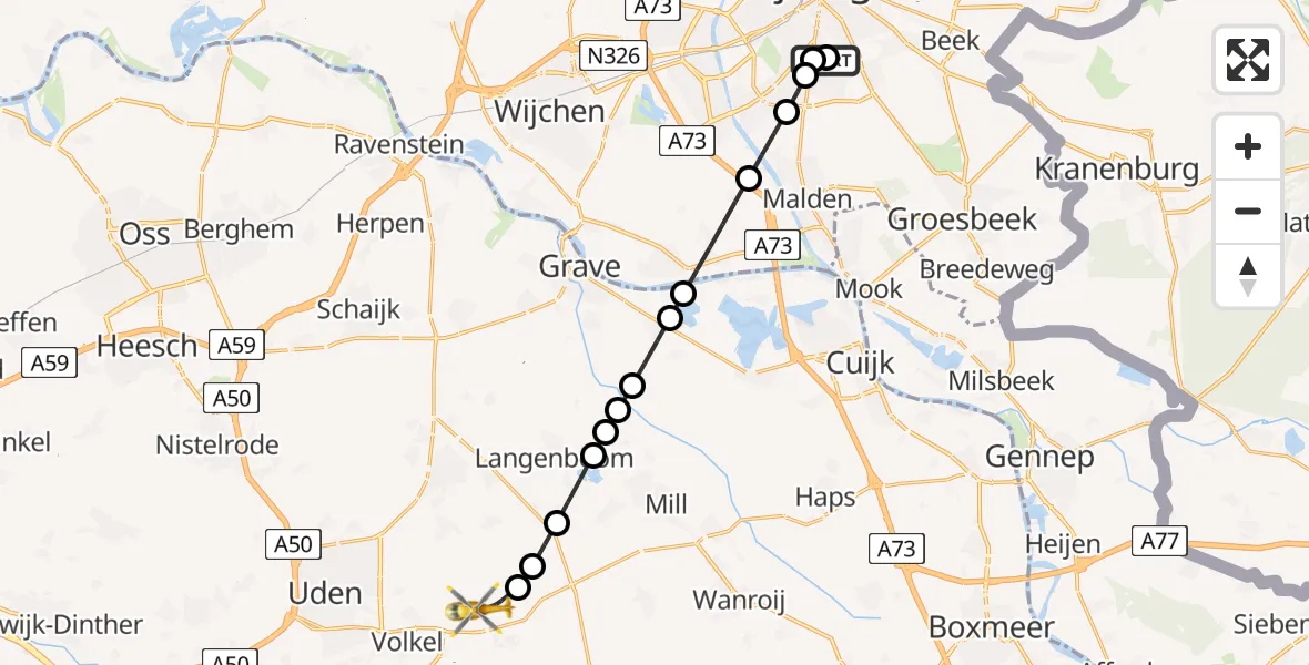 Vluchtroute Traumahelikopter van Radboud Universitair Medisch Centrum naar Vliegbasis Volkel