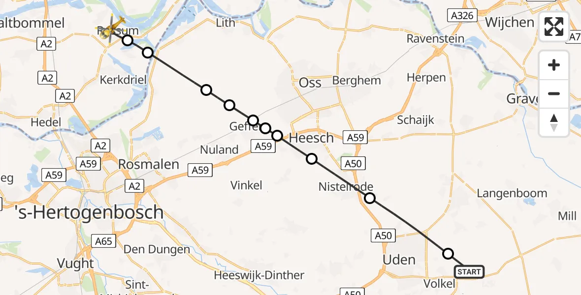 Vluchtroute Traumahelikopter van Vliegbasis Volkel naar Rossum