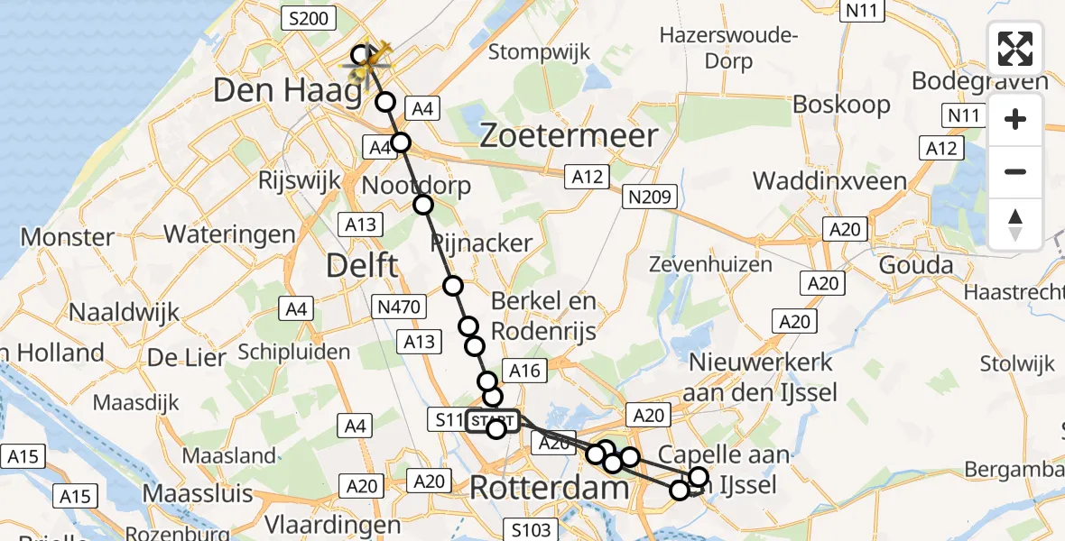 Vluchtroute Traumahelikopter van Rotterdam The Hague Airport naar Den Haag