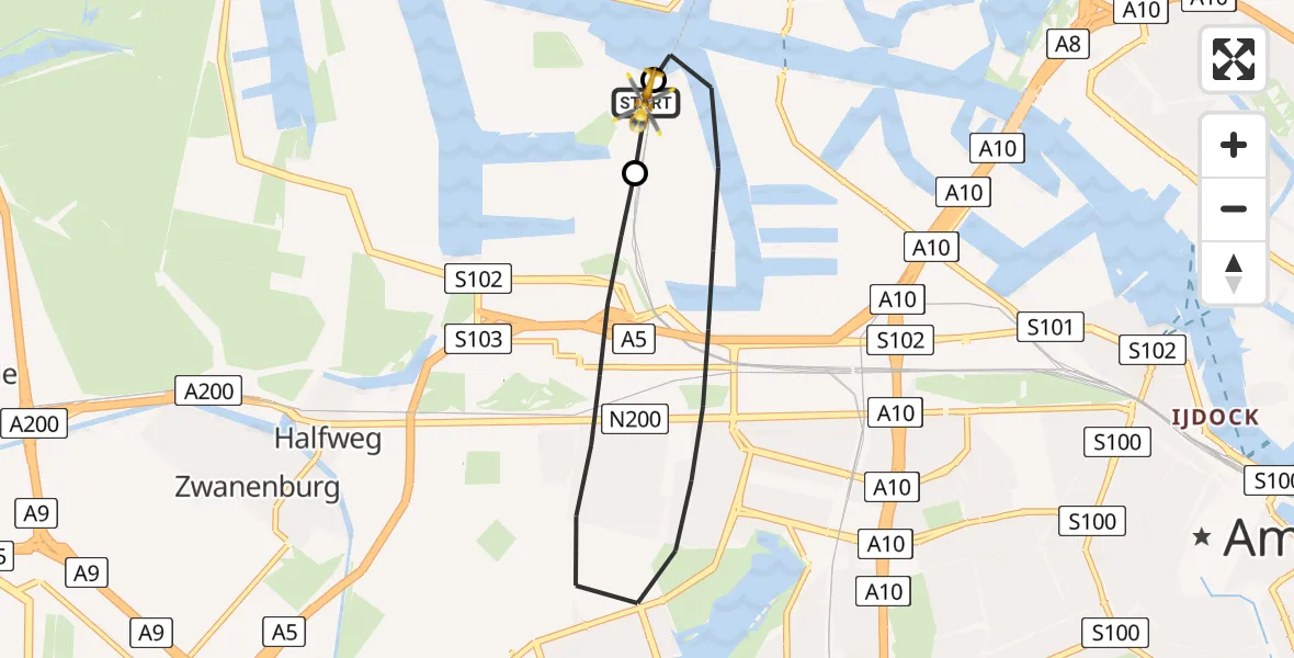 Vluchtroute Traumahelikopter van Amsterdam Heliport naar Amsterdam Heliport