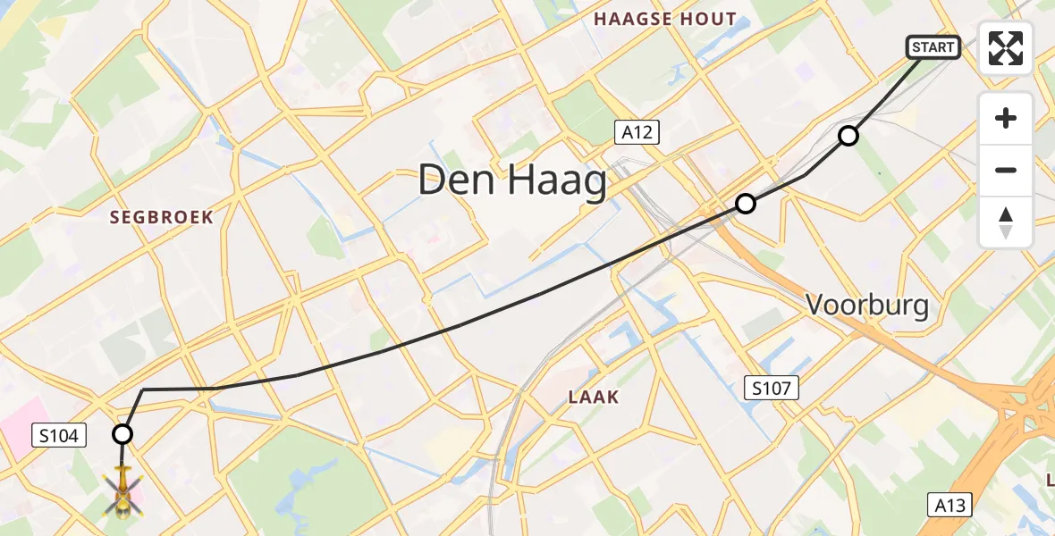 Vluchtroute Traumahelikopter van Den Haag naar HagaZiekenhuis Den Haag Heliport