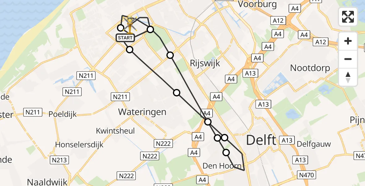 Vluchtroute Traumahelikopter van HagaZiekenhuis Den Haag Heliport naar Den Haag