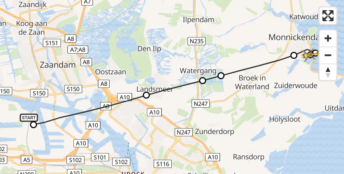 Vluchtroute Traumahelikopter van Amsterdam Heliport naar Monnickendam