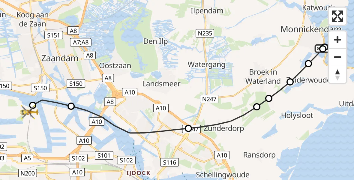Vluchtroute Traumahelikopter van Monnickendam naar Amsterdam Heliport