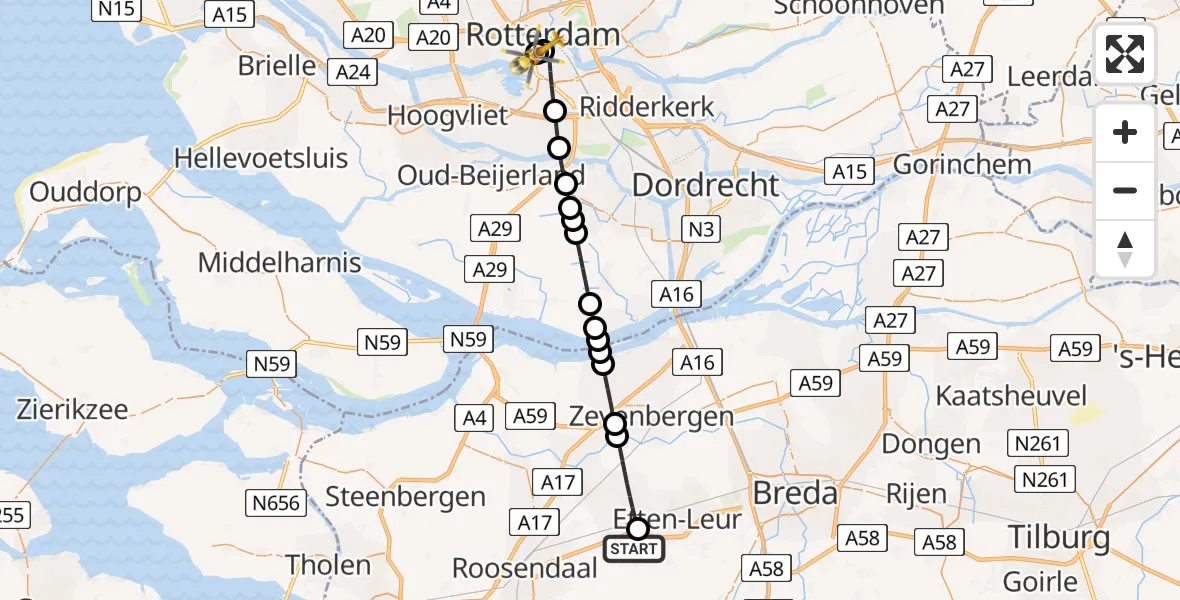 Vluchtroute Traumahelikopter van St. Willebrord naar Leids Universitair Medisch Centrum (LUMC)