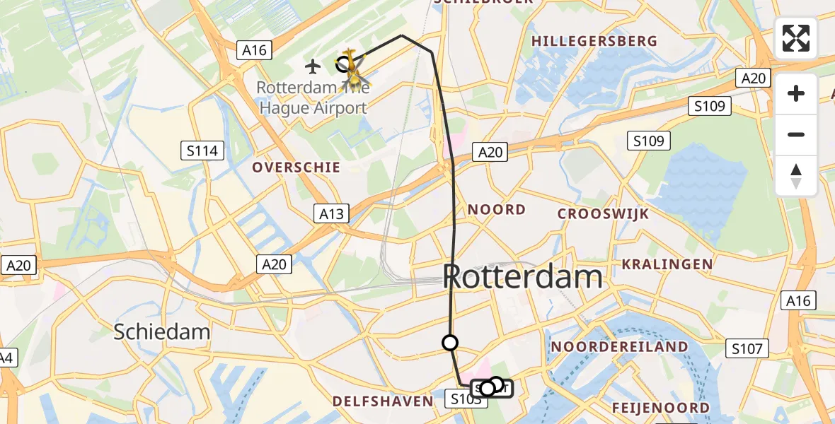 Vluchtroute Traumahelikopter van Leids Universitair Medisch Centrum (LUMC) naar Rotterdam The Hague Airport