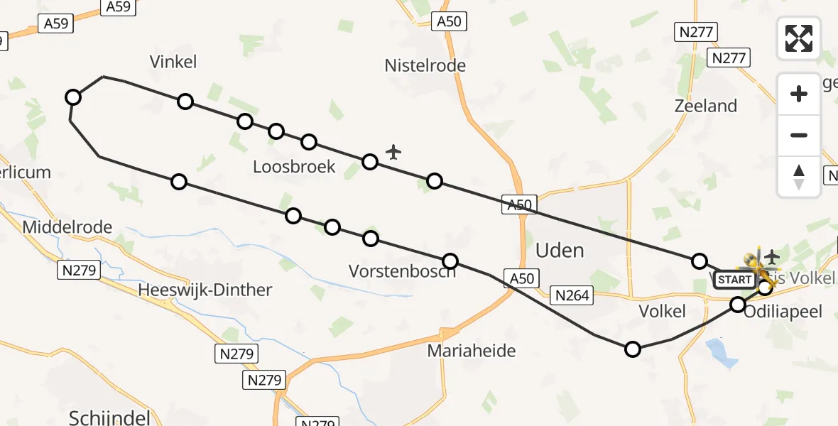 Vluchtroute Traumahelikopter van Vliegbasis Volkel naar Vliegbasis Volkel