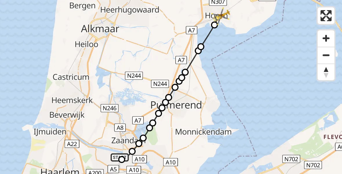 Vluchtroute Traumahelikopter van Amsterdam Heliport naar Hoorn