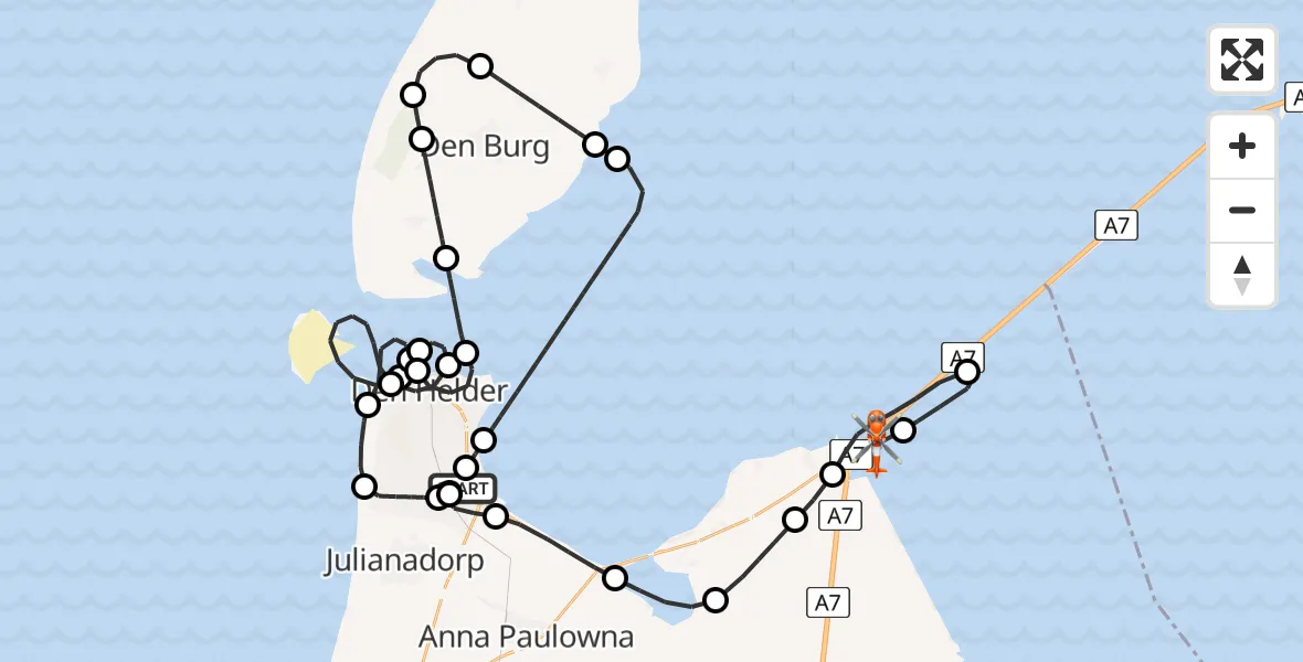Vluchtroute Kustwachthelikopter van Militair vliegveld De Kooy / Den Helder Airport naar Den Oever