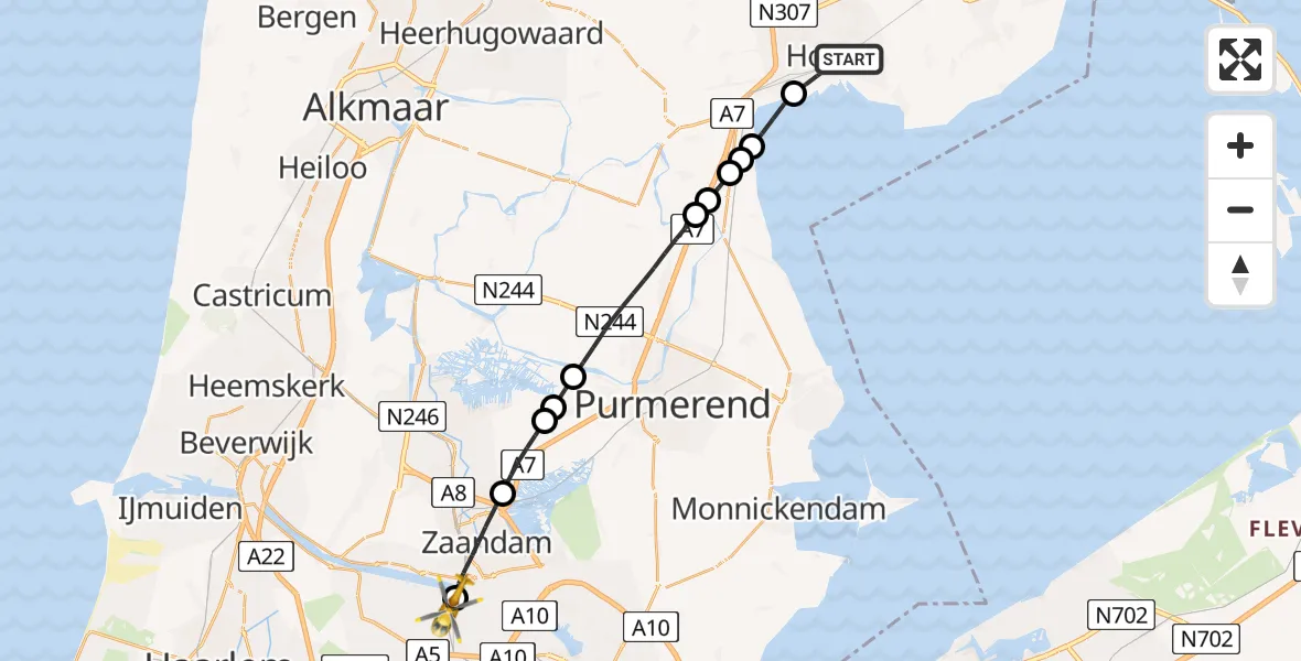 Vluchtroute Traumahelikopter van Hoorn naar Amsterdam Heliport