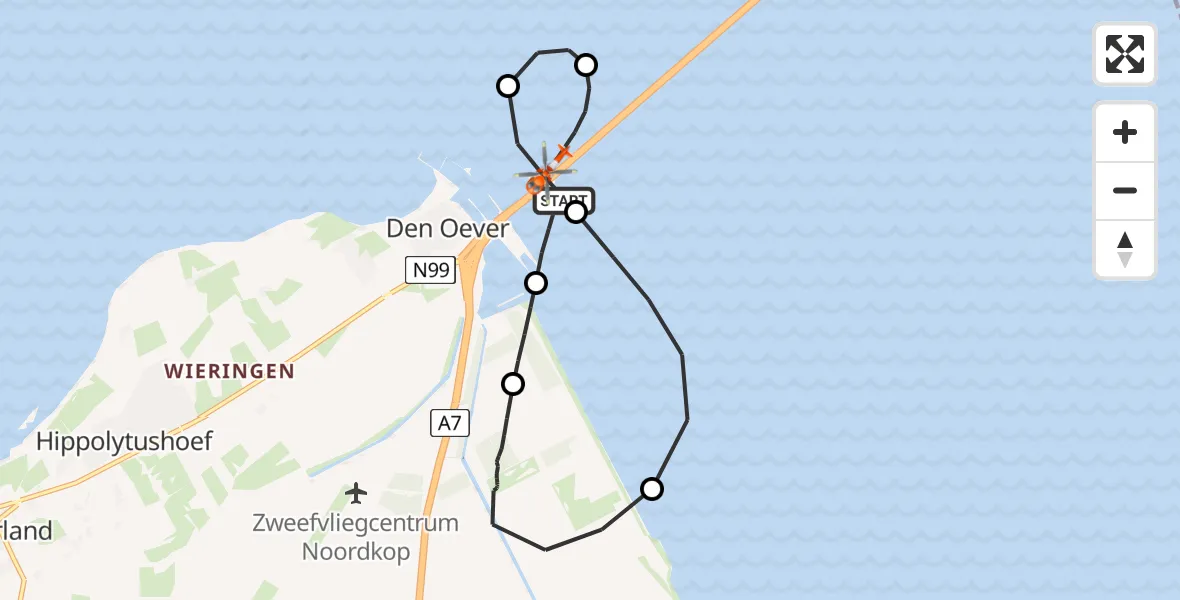 Vluchtroute Kustwachthelikopter van Den Oever naar Den Oever