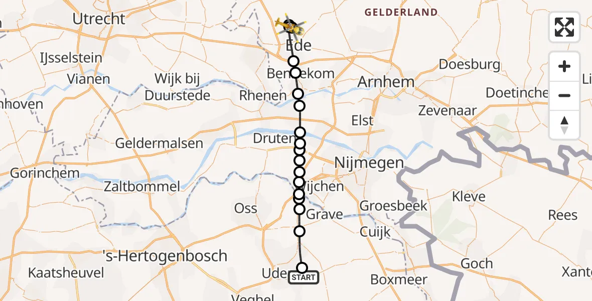 Vluchtroute Traumahelikopter van Vliegbasis Volkel naar Lunteren