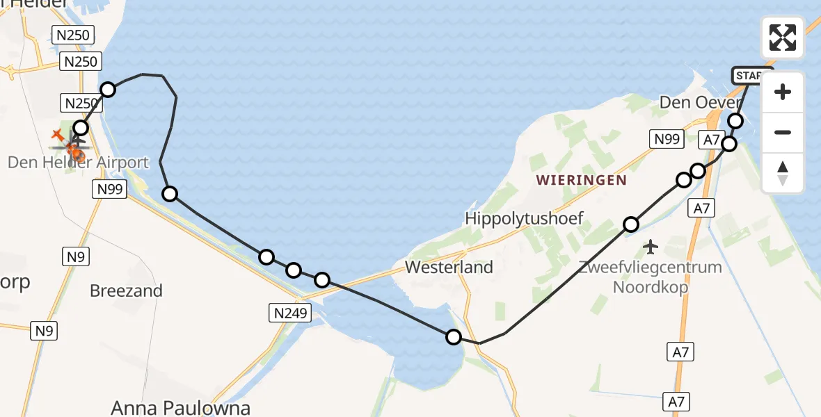 Vluchtroute Kustwachthelikopter van Den Oever naar Militair vliegveld De Kooy / Den Helder Airport