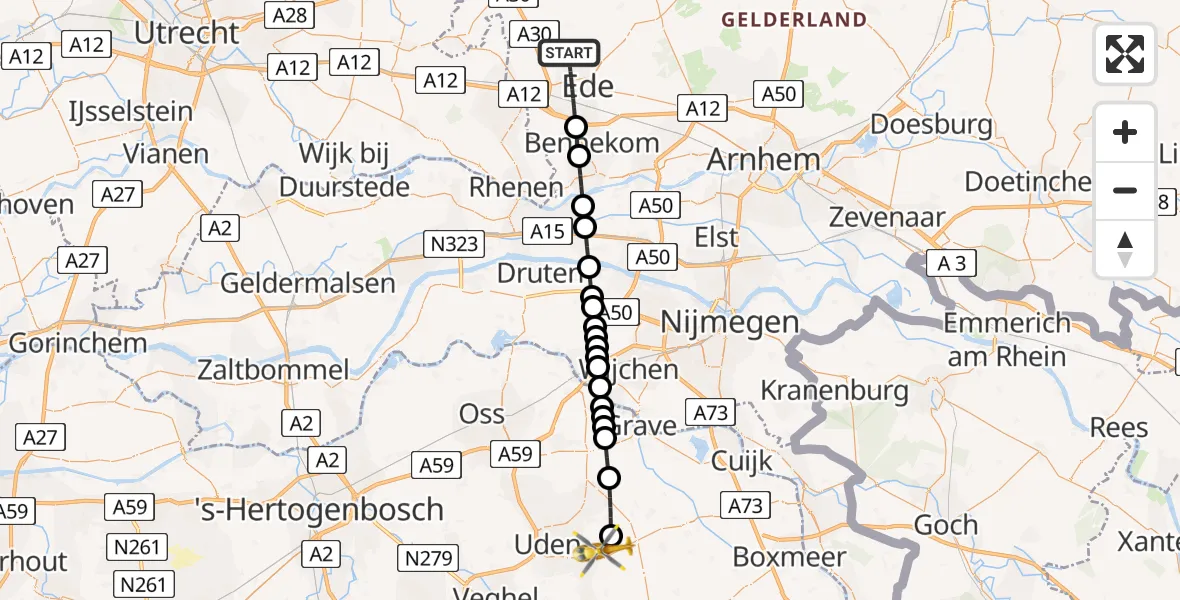 Vluchtroute Traumahelikopter van Ede naar Vliegbasis Volkel