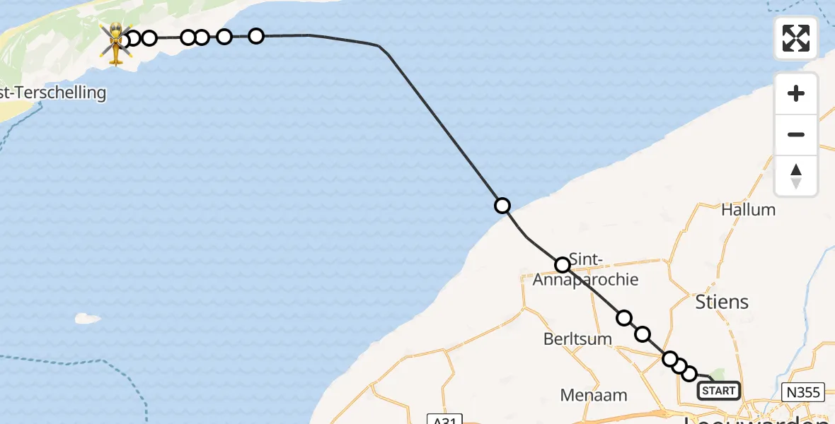 Vluchtroute Ambulancehelikopter van Vliegbasis Leeuwarden naar Terschelling Heliport