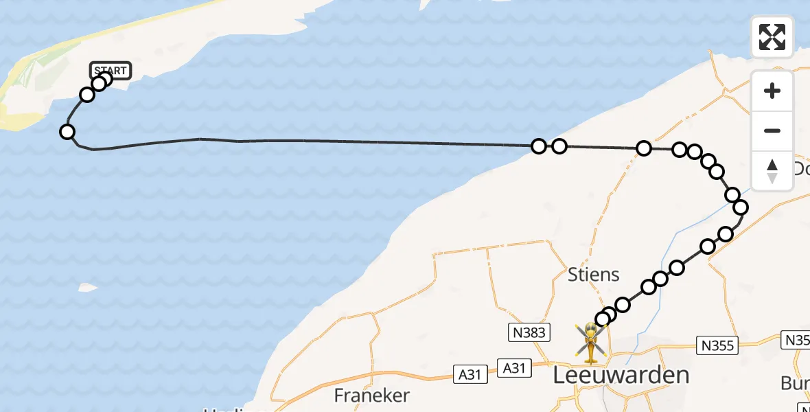 Vluchtroute Ambulancehelikopter van Terschelling Heliport naar Vliegbasis Leeuwarden
