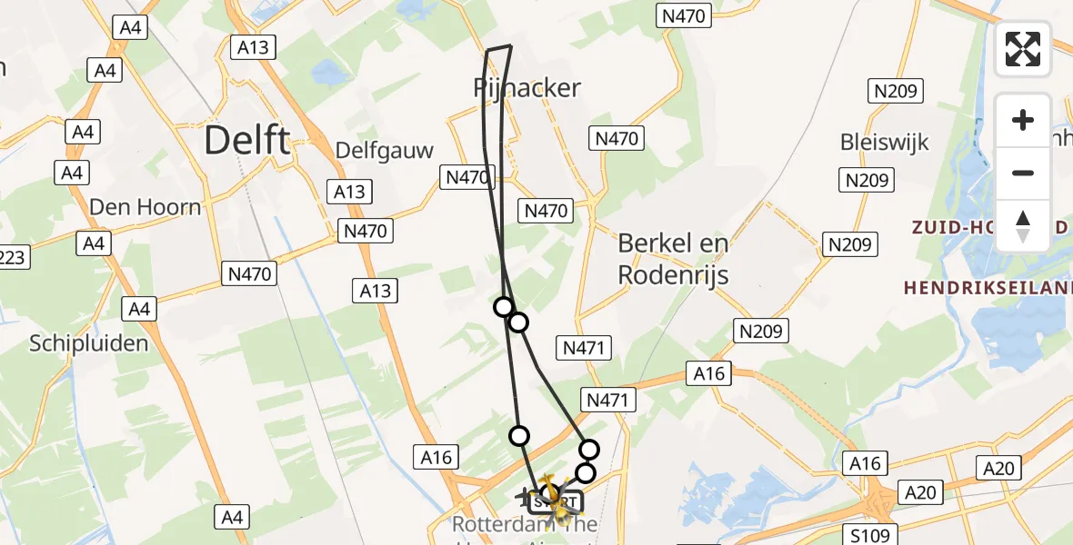Vluchtroute Traumahelikopter van Rotterdam The Hague Airport naar Rotterdam The Hague Airport