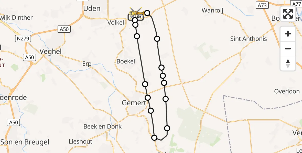 Vluchtroute Traumahelikopter van Vliegbasis Volkel naar Vliegbasis Volkel