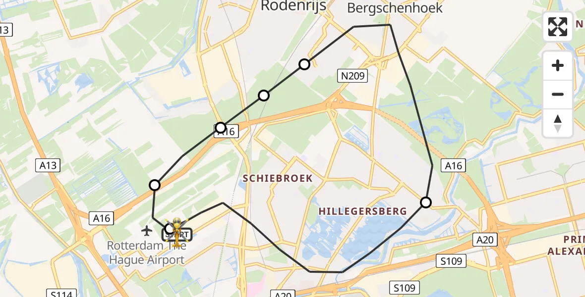 Vluchtroute Traumahelikopter van Rotterdam The Hague Airport naar Rotterdam The Hague Airport