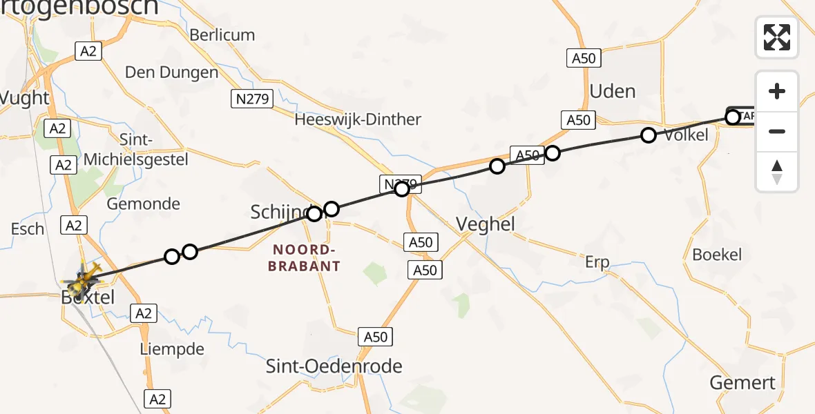 Vluchtroute Traumahelikopter van Vliegbasis Volkel naar Boxtel