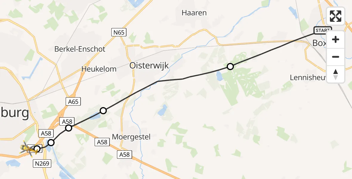Vluchtroute Traumahelikopter van Boxtel naar St. Elisabeth Hospital Heliport
