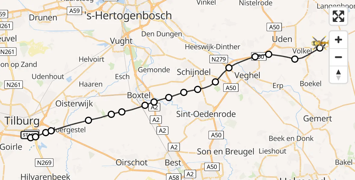 Vluchtroute Traumahelikopter van St. Elisabeth Hospital Heliport naar Vliegbasis Volkel