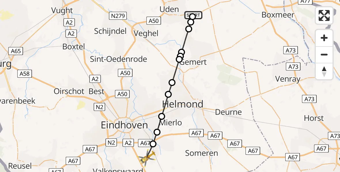 Vluchtroute Traumahelikopter van Vliegbasis Volkel naar Heeze