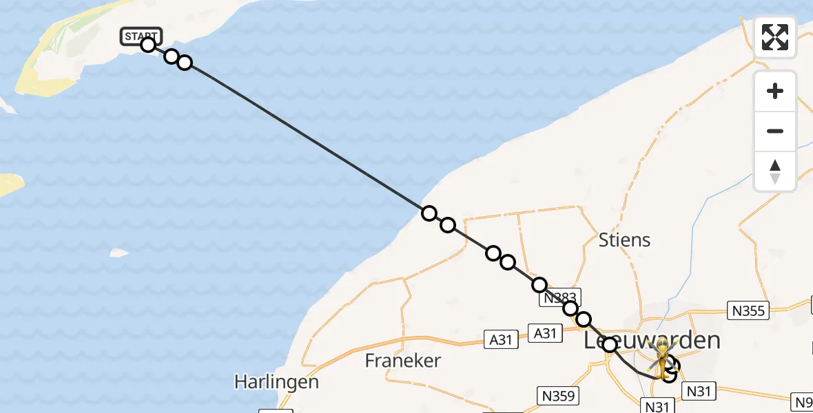 Vluchtroute Ambulancehelikopter van Terschelling Heliport naar Leeuwarden Medical Center Heliport