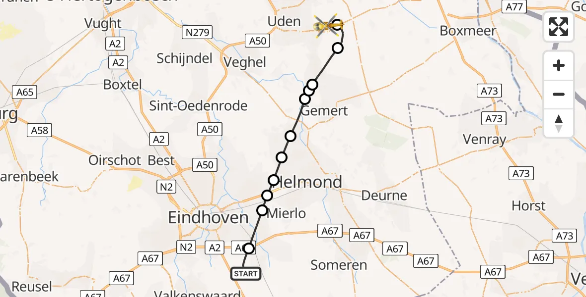 Vluchtroute Traumahelikopter van Heeze naar Vliegbasis Volkel