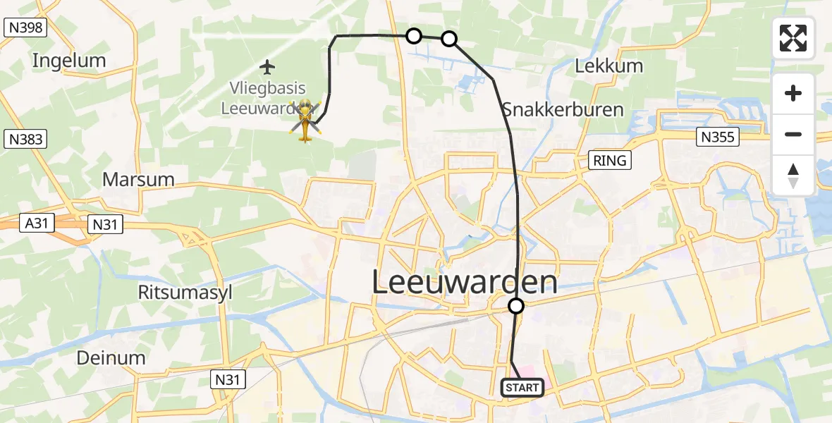 Vluchtroute Ambulancehelikopter van Leeuwarden Medical Center Heliport naar Vliegbasis Leeuwarden