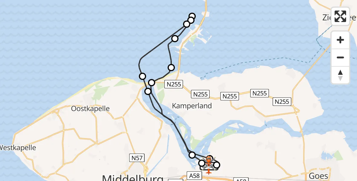 Vluchtroute Kustwachthelikopter van Vliegveld Midden-Zeeland naar Vliegveld Midden-Zeeland