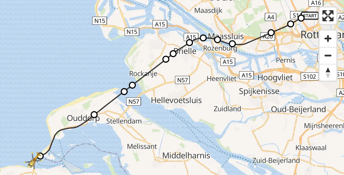 Vluchtroute Traumahelikopter van Rotterdam The Hague Airport naar Scharendijke