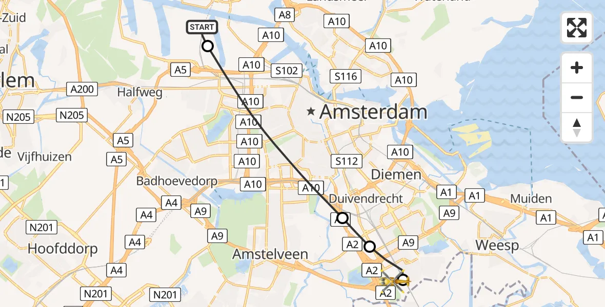 Vluchtroute Traumahelikopter van Amsterdam Heliport naar Amsterdam UMC Helipad