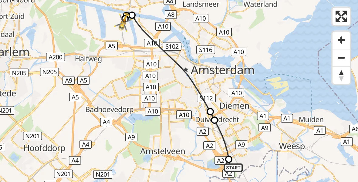 Vluchtroute Traumahelikopter van Amsterdam UMC Helipad naar Amsterdam Heliport