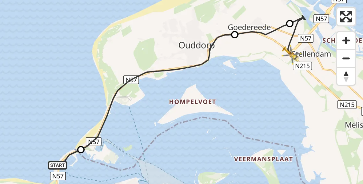 Vluchtroute Traumahelikopter van Scharendijke naar Stellendam