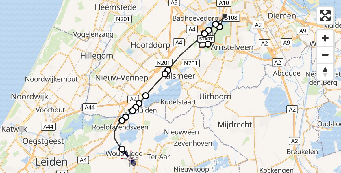 Vluchtroute Politiehelikopter van Amsterdam Vliegveld Schiphol naar Woubrugge
