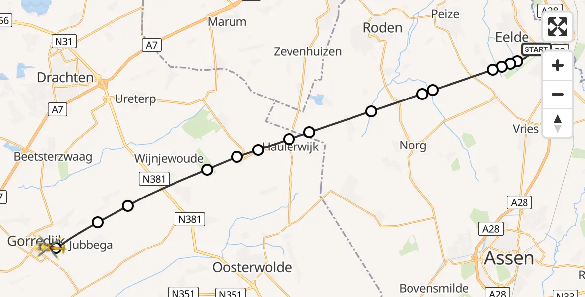 Vluchtroute Traumahelikopter van Groningen Airport Eelde naar Gorredijk