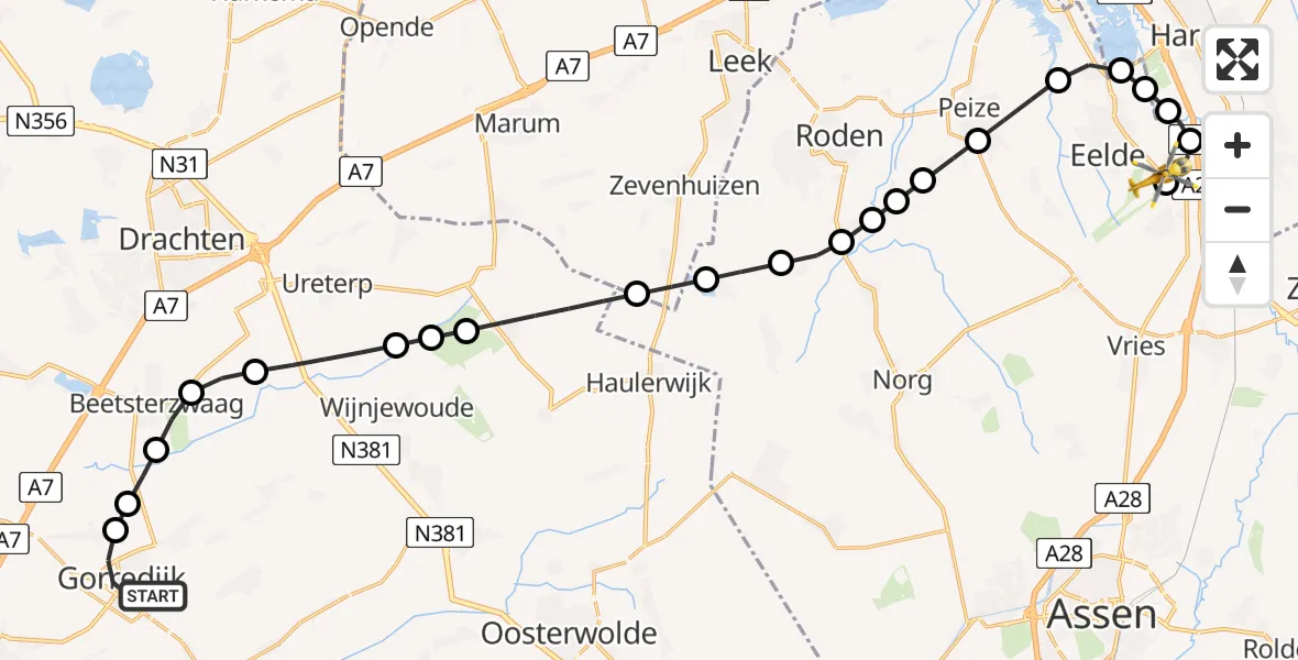 Vluchtroute Traumahelikopter van Gorredijk naar Groningen Airport Eelde