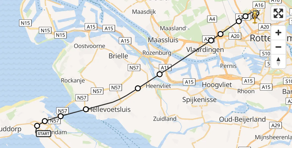 Vluchtroute Traumahelikopter van Stellendam naar Rotterdam The Hague Airport