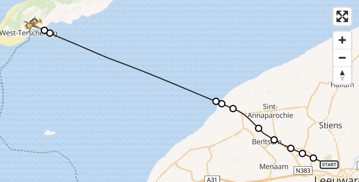 Vluchtroute Ambulancehelikopter van Vliegbasis Leeuwarden naar West-Terschelling