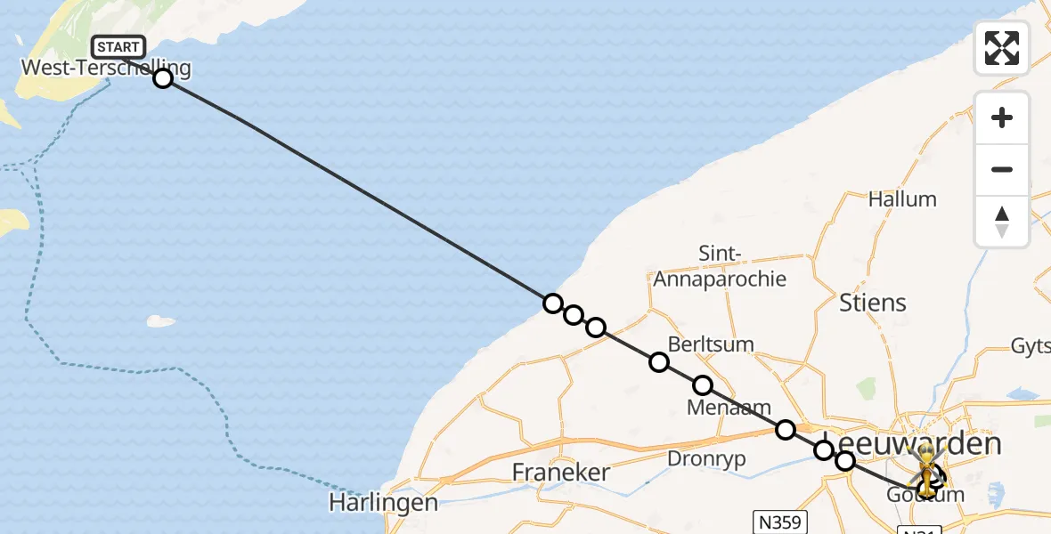 Vluchtroute Ambulancehelikopter van West-Terschelling naar Leeuwarden Medical Center Heliport