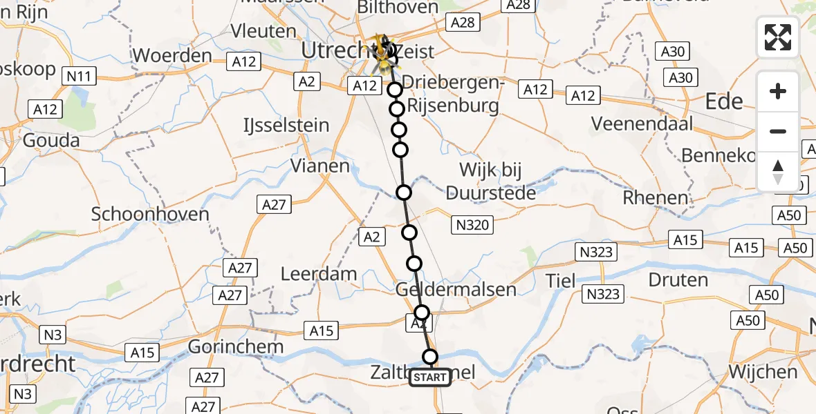 Vluchtroute Traumahelikopter van Zaltbommel naar Universitair Medisch Centrum Utrecht