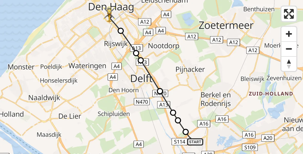 Vluchtroute Traumahelikopter van Rotterdam The Hague Airport naar Den Haag