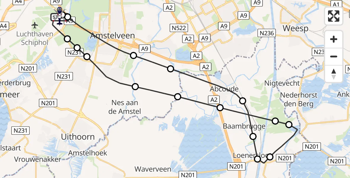 Vluchtroute Politiehelikopter van Amsterdam Vliegveld Schiphol naar Amsterdam Vliegveld Schiphol