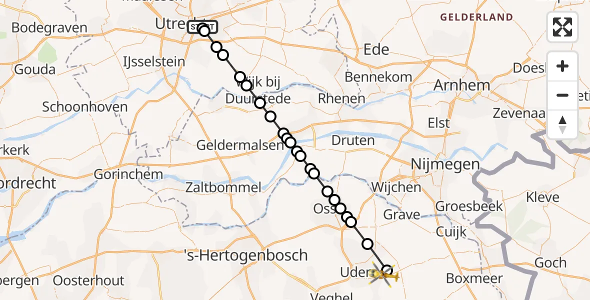 Vluchtroute Traumahelikopter van Universitair Medisch Centrum Utrecht naar Vliegbasis Volkel
