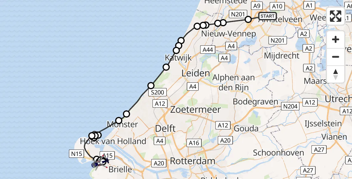 Vluchtroute Politiehelikopter van Amsterdam Vliegveld Schiphol naar Oostvoorne