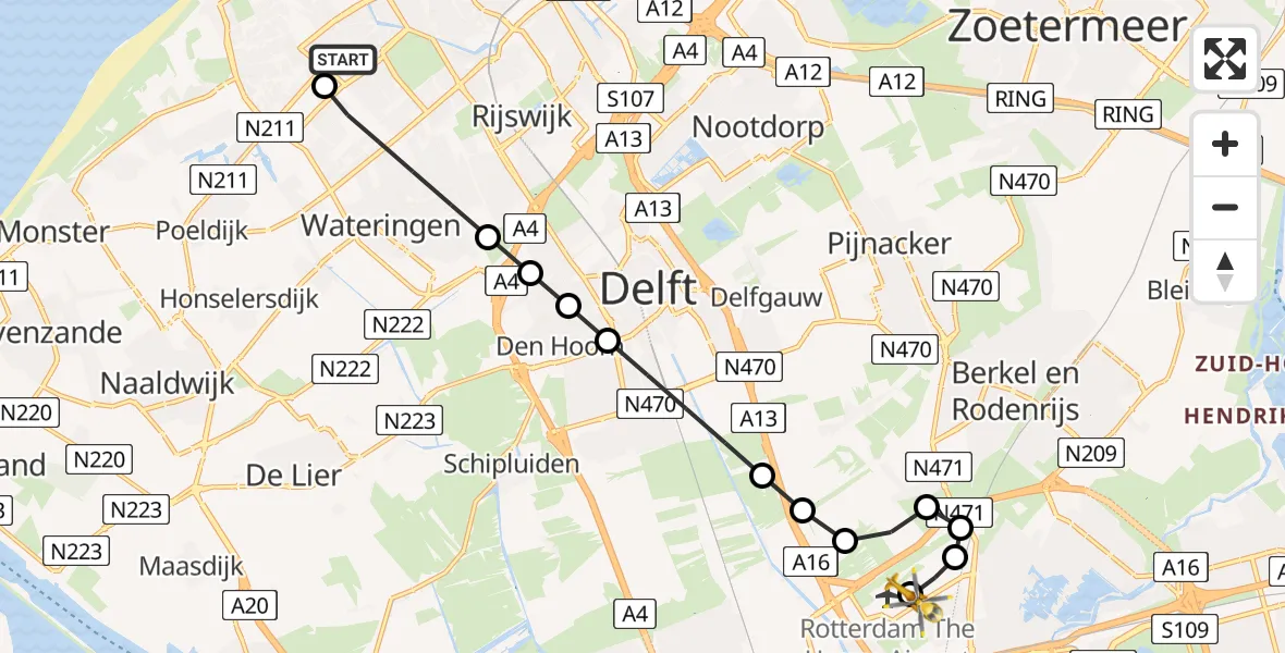 Vluchtroute Traumahelikopter van HagaZiekenhuis Den Haag Heliport naar Rotterdam The Hague Airport